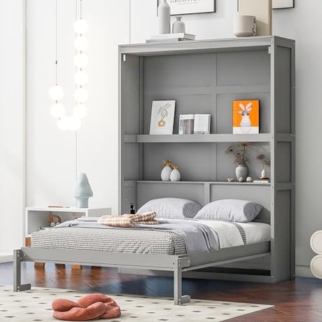 Ball & Cast Full Size Murphy Bed Wall Bed with Shelves and Mattress Holder,Wood Hideaway Cabinet Chest w/Slat Support,can be Folded,for Small Room,Dorms,Gray Ball & Cast