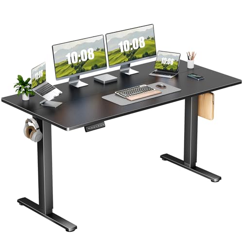 Sweetcrispy Electric Adjustable Height Standing Desk - 63 x 24 inch Sit to Stand Up Desk with Splice Board, Rising Home Office Computer Table with 2 Hook and Wire Hole for Work - WoodArtSupply