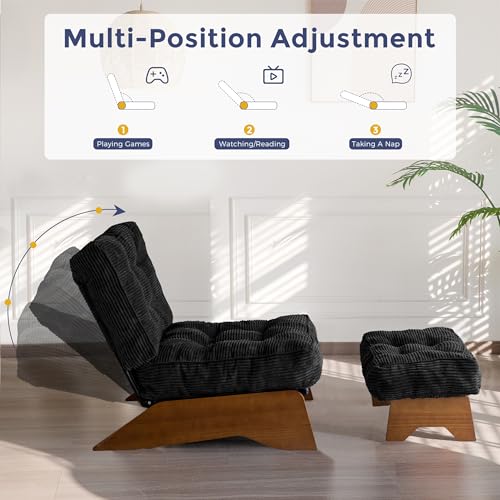 MAXYOYO Accent Chair with Ottoman Adjustable Backrest, Tufted Living Room Chair Upholstered Lounge Chair with Footrest Set, Modern Chair Cozy Reclining for Reading Room, Black