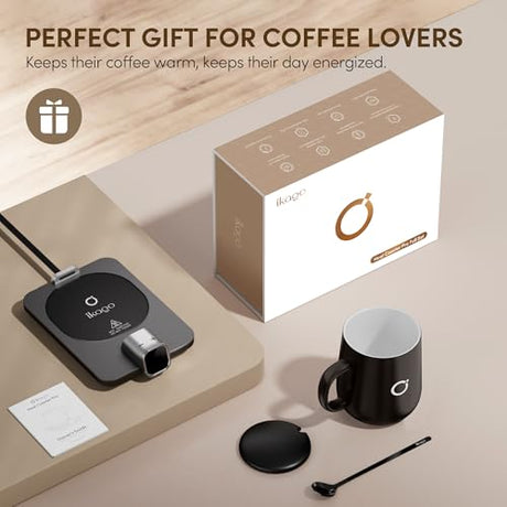 Coffee Mug Warmer & iKago Mug Set, Accurate Temperature Control Smart Heated Mug for Desk, Electric Coffee Warmer with Auto Shut Off & Real-Time Temp Display, Gifts for Men Women, 15oz Ceramic Mug Ikago