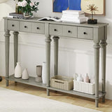 Knocbel Retro Console Table with 4 Drawers and Open Shelf, Vintage Sofa Tables with Slim Legs for Entryway Living Room 59.8" W x 11" D x 34" H Grey Wash Knocbel