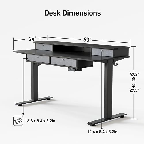 FEZIBO 63" Height Adjustable Electric Standing Desk with 4 Drawers, 63 x 24 Inch Table with Storage Shelf, Sit Stand Desk with Splice Board, Black Frame/Rustic Brown Top, 63 inch FEZIBO