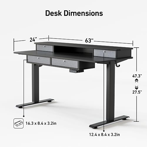 FEZIBO 63" Height Adjustable Electric Standing Desk with 4 Drawers, 63 x 24 Inch Table with Storage Shelf, Sit Stand Desk with Splice Board, Black Frame/Rustic Brown Top, 63 inch - WoodArtSupply