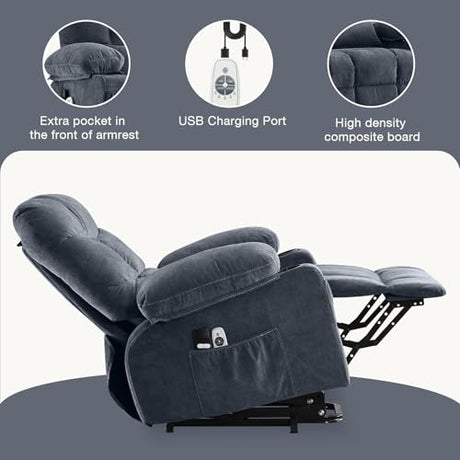 Power Lift Recliner Chair for Elderly, Electric Massage Recliner with Lumbar Heat, Fabric Single Sofa with 2 Cup Holders, USB Ports & Side Pockets, Infinite Position Motorized Chair for Living Room PoteSoar