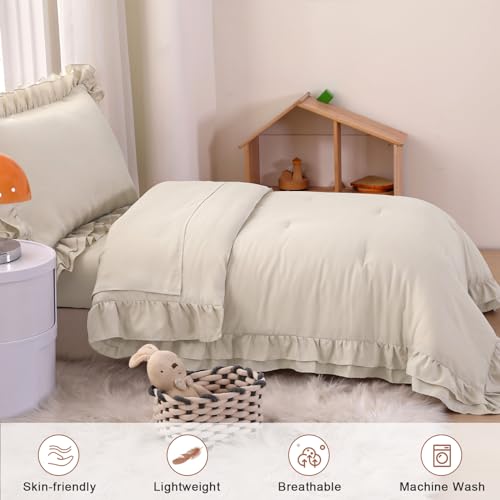 Wowelife Toddler Comforter Set for Girls, Pale Beige Toddler Bedding Set, 4 Pieces Double Ruffles Soft and Breathable Bed Set Includes Comforter, Fitted Sheet, Flat Top Sheet and Pillowcase Wowelife