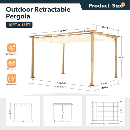 HAPPATIO 10' X 13' Pergola Retractable Pergola Canopy for Backyard, Garden, Patio; Woodgrain-Look Aluminum Pergola with Retractable Pergola Canopy, Includes Anchors and Expansion Screws (Beig - WoodArtSupply