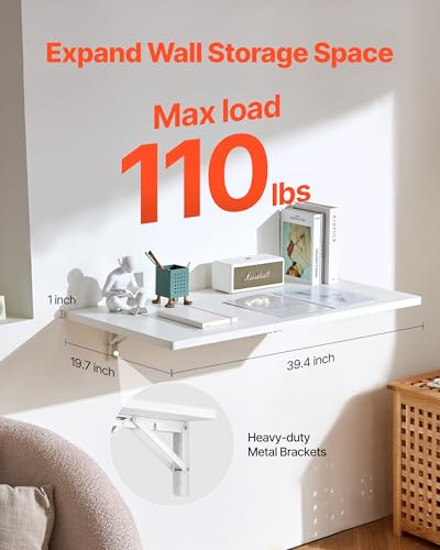 VEVOR Wall Mounted Folding Table, 39.4 x 19.7 inches Wall Mount Table, Floating Desk with Iron Bracket for Small Spaces, Home Office, Dining, Laundry Room, Kitchen, Bar, White VEVOR