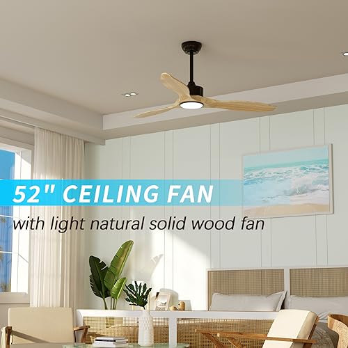 REVOICI Ceiling Fans with Lights Remote 52inch Natural Solid Wood Fan Timing 6Speeds Silent Reversible DC Motor 3CCT LED Light with Memory Lighting Function Indoor Outdoor Fan Farmhouse Bedro - WoodArtSupply