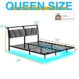 Floating Queen Bed Frame with Storage Headboard Charging Station and Led Lights,Platform Bed Frame Queen Size with Upholstered Headboard,No Box Spring Needed,Heavy Duty Meal Slats Support,No Noise SOLACECASA