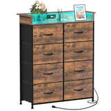 Welfuturer Tall Dresser for Bedroom with Charge Station 8 Drawers Dresser with LED Lights Chest Organizer Units for Hallway Entryway Closets Sturdy Steel Frame Wood Top Easy Pull Handle Rustic Brown Welfuturer