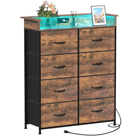 Welfuturer Tall Dresser for Bedroom with Charge Station 8 Drawers Dresser with LED Lights Chest Organizer Units for Hallway Entryway Closets Sturdy Steel Frame Wood Top Easy Pull Handle Rustic Brown Welfuturer