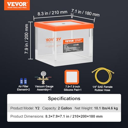 VEVOR 2 Gallon Vacuum Chamber, Upgraded Multipurpose Acrylic Vacuum Degassing Chamber, Transparent Vacuum Chamber, for Resin Degassing, Silica Gel Degassing