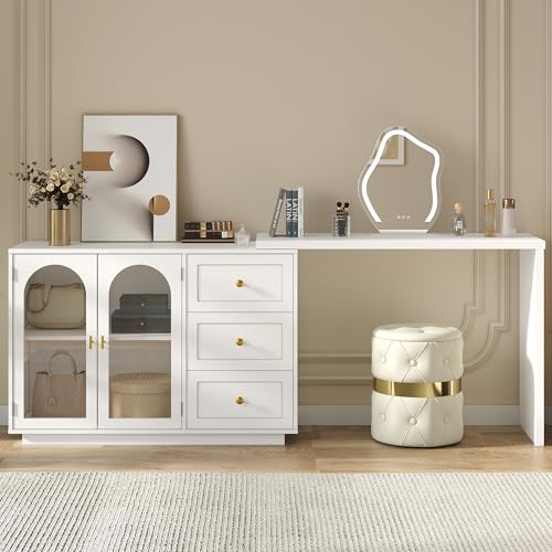 RoyalCraft 83” Large Makeup Vanity Desk, White Corner Vanity Table with 3 Drawer & 2 Door, Modern Extendable Dressing Table, Vanity Dresser Combo for Bedroom, Dressing Room (Without Mirror) RoyalCraft