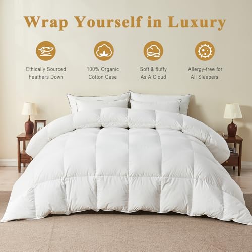 TOPGREEN Organic Feather Down Comforter Full Size, Luxury Extra-Fluffy Duvet Insert, All Season Bed Comforter with Ultra-Soft Organic Cotton Case (82x86 Inch, Ivory White) TOPGREEN