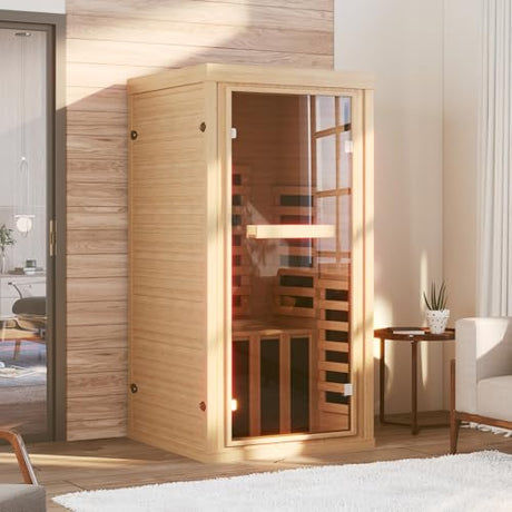 SunSwell 1-2 Person Far Infrared Wooden Sauna Room, Canadian Hemlock Indoor Dry Sauna Spa Room for Low EMF with Bluetooth Speakers and Control Panel, Whole Glass，32.28"x 32.28"x 66.14" SunSwell