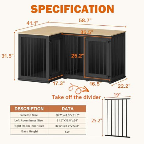 Lovinouse Corner Dog Crate Furniture for 2 Dogs, Indoor Wooden Furniture Style Heavy Duty Large Dog Kennel House with Double Rooms & Divider for Large & Medium Dogs, Black Lovinouse