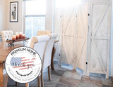 Premium Home 4-Panel Room Divider – Rustic White Barn Door, K Pattern Folding Privacy Screen, Partition Wall Premium Home Decor