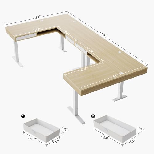 HUANUO U-Shaped Electric Standing Desk with Storage Drawers, Adjustable Height Ergonomic Gaming Desk, Large Sit Stand Up Desk with Power Strip Tray & Cable Grommets for Home Office, Light Walnut HUANUO
