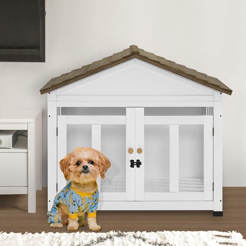 MCombo Wooden Dog House Furniture, Solid Wood Dog Cage Furniture Indoor for Small/Medium Dogs, JD54 (White and Brown, Medium) MCombo