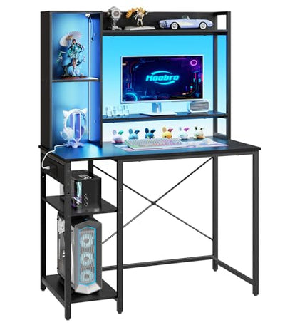 HOOBRO Computer Desk, Gaming Desk with LED and Outlets, Home Office Desk with Monitor Stand and Adjustable Shelf, Small Gaming Table with CPU Stand for Home Office, Small Space, Black BB100UDDN01