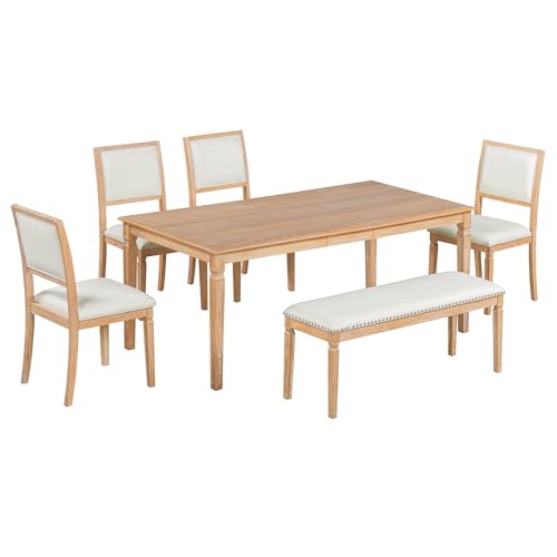 Merax Farmhouse Wooden Dining Set of 6, 72 Inch Extendable Kitchen Table, 4 Chairs with Backrest, 2-Person Bench with Cushion, Rustic Kitchen Table Set w/Retro Carved Legs Natural Wood Wash Merax