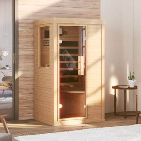 SunSwell Wood Infrared Sauna, 1 Person Traditional Red Light Sauna, Canadian Hemlock Indoor Dry Sauna Spa Room for Low EMF with Bluetooth Speakers and Control Panel, 32.67"x 27.55"x 59.44" SunSwell