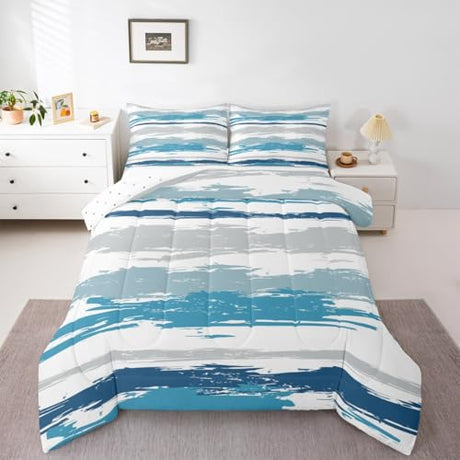 Erosebridal Abstract Blue Comforter Set Queen Size Modern Teal Grey Striped Bedding Set for Boys Men Geometric Aesthetic Oil Painting Comforter Minimalist Simple Watercolor Quilt Erosebridal