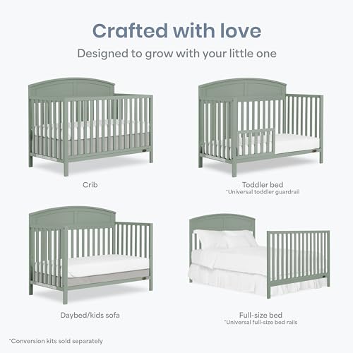 Dream On Me Storybrooke 5-in-1 Convertible Full-Size Baby Crib, GreenGuard Gold & BSA Certified, Convert to Toddler, Day & Full-Size Bed Sustainable Pinewood, 3 Mattress Height Settings - Meadow Green