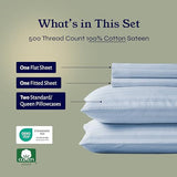 California Design Den - Queen Sheets Set Cotton Soft 100% Cotton Sheets Deep Pockets Snug Fit Elastic, 500 Thread Count Sateen, Damask Stripe Sheets for Bed - Light Blue - Striped California Design Den