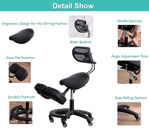 TUJOBA Modern Ergonomic Saddle Seat Kneeling Chair with Backrest, 360 Degrees Swivel Mobile Angled Posture Stool for Office, Black Leather TUJOBA