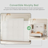 Polib Full Size Murphy Bed with Two Wardrobes and Storage Shelf, Space-Saving Wall Cabinet Bed with Foldable Platform Bedframe for Small Bedrooms, Guest Rooms and Apartments (White) Polibi