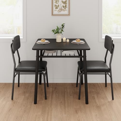 IDEALHOUSE 3-Piece Dining Table Set for 2 with Storage Rack, Wood Kitchen Table with Upholstered Chairs Set of 2, Small Square Table Set with Metal Legs Support, for Dining Room, Living Room, Black IDEALHOUSE