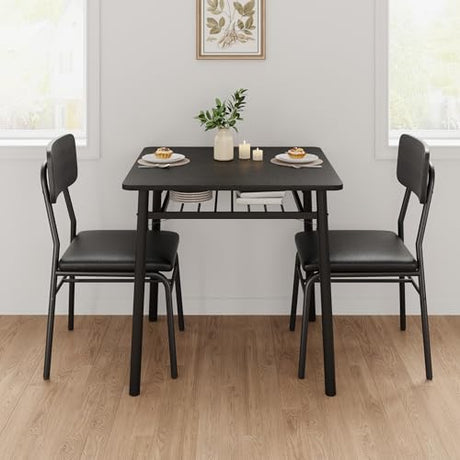 IDEALHOUSE 3-Piece Dining Table Set for 2 with Storage Rack, Wood Kitchen Table with Upholstered Chairs Set of 2, Small Square Table Set with Metal Legs Support, for Dining Room, Living Room, Black IDEALHOUSE