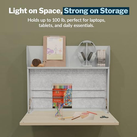 Vari Hide-Away Wall Mounted Floating Desk - 32” Foldable Murphy-Style Desk for Bedroom, Dorm, Apartment + Cable Ports, Bungee Storage, Shelf, 100 Lb Capacity + Simple Assembly (Dove Grey/Light Wood) Vari
