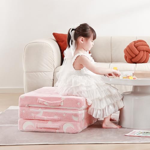 Givjoy Foldable Floor Mattress for Kids, Glow in The Dark Pink Moon Toddler Washable Tri Folding Floor Mat for Nap Daycare, Child Trifold Futon Sofa Bed with Storage Bag for Playroom Girls and Boys Givjoy