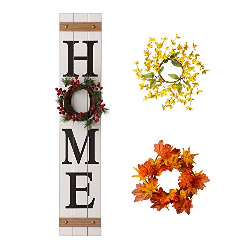 Glitzhome Wooden Welcome Sign for Front Door Rustic Farmhouse Wall Hanging Porch with 3 Changeable Floral Wreath, 42”H - WoodArtSupply