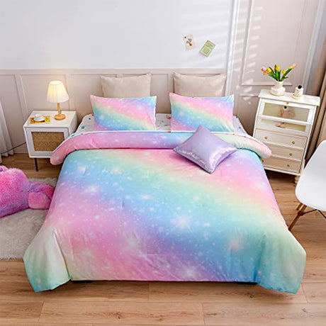 A Nice Night 6Pcs Gradient Glitter Bedding Set for Girls Full Size, Colorful Rainbow Galaxy Comforter Set, Ultra Soft Bedding Sets, Pink A Nice Night