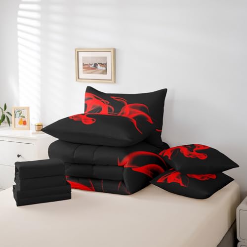 Feelyou Kids Black Red Abstarct 7 Piece Bedding Set King Size Abstarct Art Comforter Set with Sheets for Kids Adult Modern Minimalist Bed in a Bag Feelyou