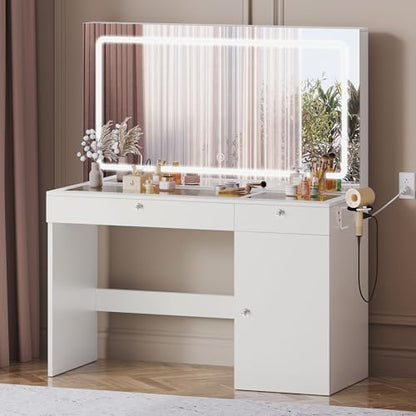 DWVO 47" W Vanity Desk with LED Light and Power Outlets, Large Makeup Vanity with Dividers and Hair Dryer Rack, 3 Level Storage Dresser Makeup Vanities Dressing Table for Bedroom, White - WoodArtSupply