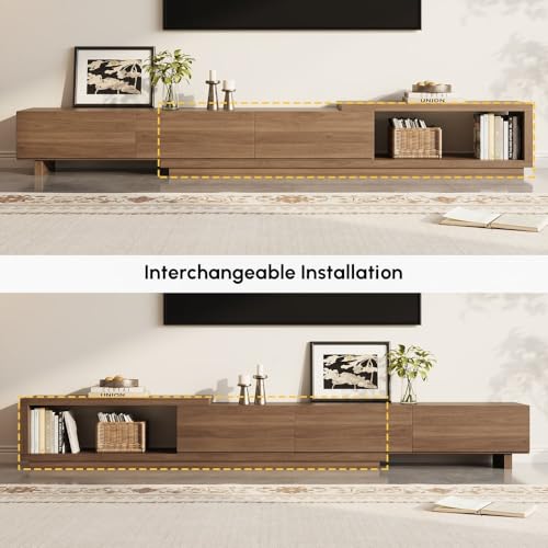 homary Extendable Walnut TV Stand – Modern Media Console with 3 Drawers, Adjustable Length (71"–100") for 80" TV, Living Room Entertainment Storage Cabinet (MDF, Walnut) homary