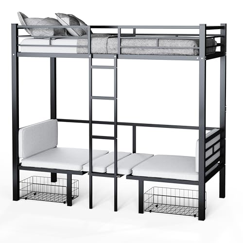 PVWIIK Full Size Loft Bed with Drawer and Desk for Dormitory,Living Room,Bedroom,Metal Bed Frame w/Wood Slats Support/Table Sets Transformable to Full Over Full Bunk Bed,No Box Spring Needed, Black PVWIIK