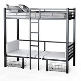 PVWIIK Full Size Loft Bed with Drawer and Desk for Dormitory,Living Room,Bedroom,Metal Bed Frame w/Wood Slats Support/Table Sets Transformable to Full Over Full Bunk Bed,No Box Spring Needed, Black PVWIIK
