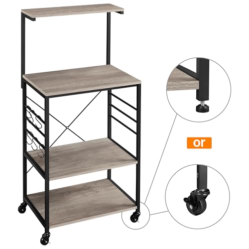 Yaheetech Kitchen Bakers Rack on Wheels(16D x 24W x 50H Inches), Microwave Stand Kitchen Cart, Rolling Coffee Bar Cart with 6 S-Side Hooks and Adjustable Feet, Utility Storage Shelf, Gray