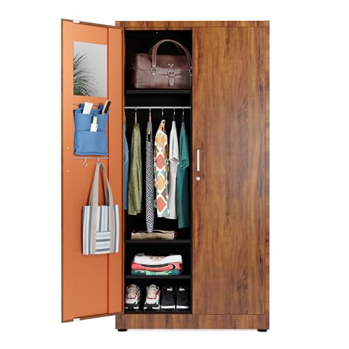 METALTIGER Metal Wardrobe Cabinet - Metal Storage Locker with Locking Doors | Armoire Wardrobe Closet with Doors (Natural Wood Imitation)