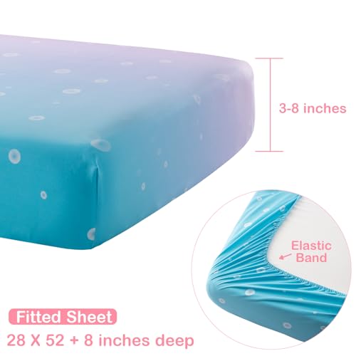 TCOYIWL 4 Pieces Crib Bedding Set for Baby Boys Girls, Infant Toddler Nursery Baby Bedding Sets Includes Cartoon Quilt, Fitted Crib Sheet, Crib Skirt and Plush Mermaid Toy TCOYIWL