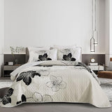 DJY Black White Quilt Set Queen 3 Pieces Floral Bedding Quilt Set Soft Botanical Bedspread with 2 Pillow Shams Lightweight Flower Quilt Coverlet Set for All Season 90''x 96'' DJY