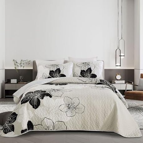 DJY Black White Quilt Set Queen 3 Pieces Floral Bedding Quilt Set Soft Botanical Bedspread with 2 Pillow Shams Lightweight Flower Quilt Coverlet Set for All Season 90''x 96'' DJY