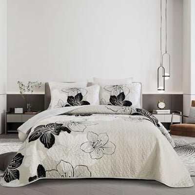 DJY Black White Quilt Set Queen 3 Pieces Floral Bedding Quilt Set Soft Botanical Bedspread with 2 Pillow Shams Lightweight Flower Quilt Coverlet Set for All Season 90''x 96''