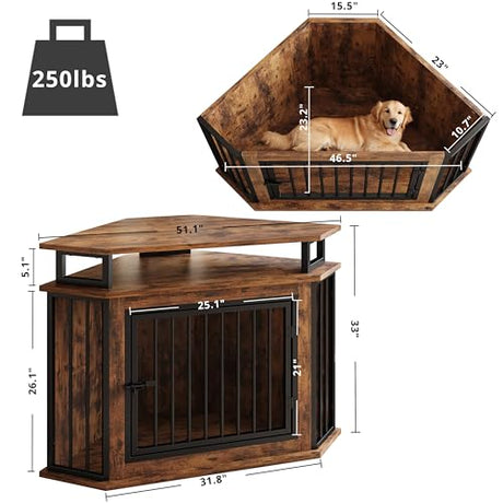 IRONCK 51" Corner Wooden Dog Crate Furniture with 2-Tier Shelves, Pet Kennel for Large Dogs, Space-Saving Dog Cage for TV Stand, Rustic Brown (26.7" L x 51.2" W x 33.5" H) IRONCK