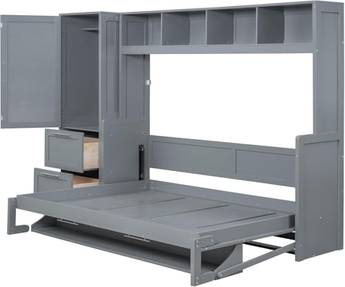 Virubi Queen Horizontal Murphy Bed with Storage Wardrobe Closet,2 Drawer,4 Storage Shelves,Wood Folding Murphy Wall Bed Cabinet for Adult (Grey,Queen) Virubi